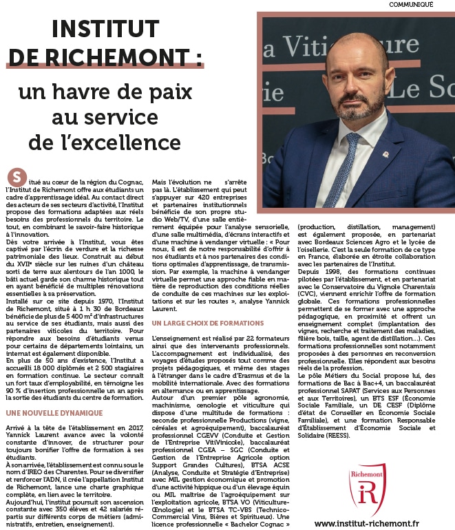 Yannick Laurent, directeur de l'Institut de Richemont a fait une interview dans le magazine Terre de Vins - Spécial Spiritueux. 